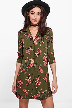 Boohoo Sophia Oriental Floral Print Shirt Dress