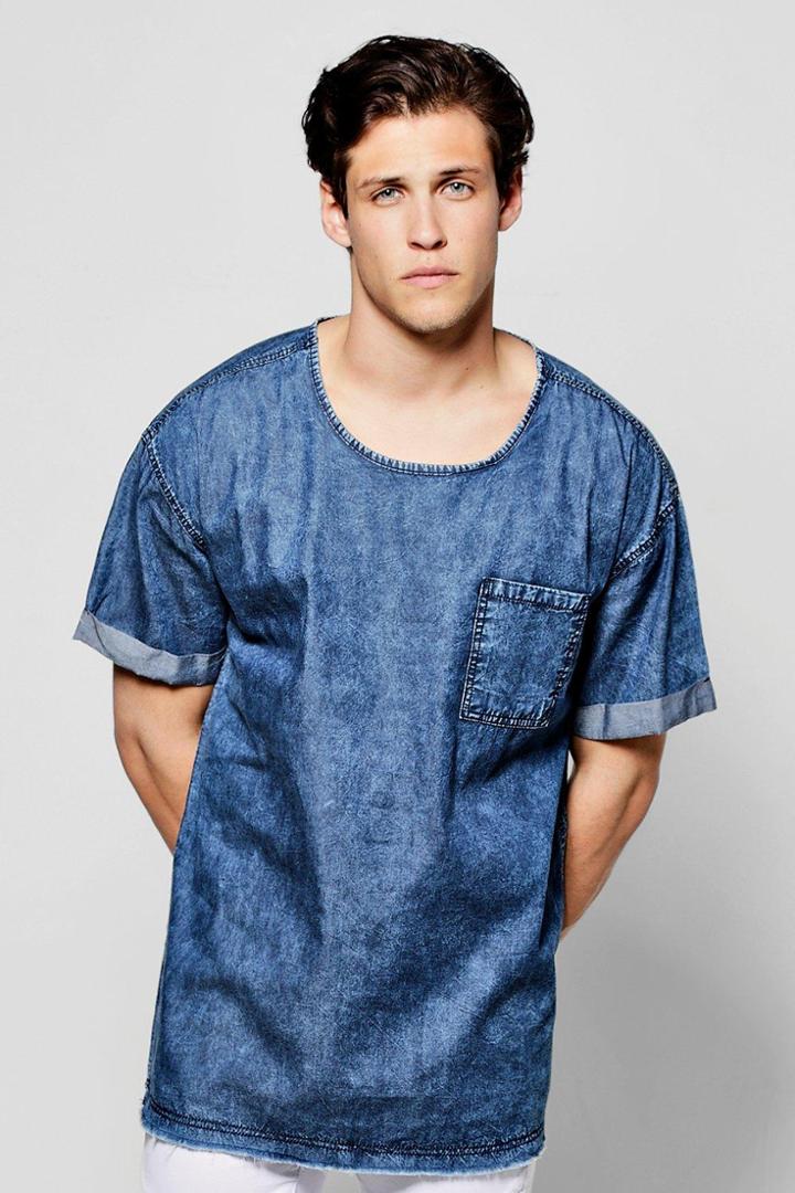 Boohoo Oversized Denim T Shirt With Raw Edge Indigo