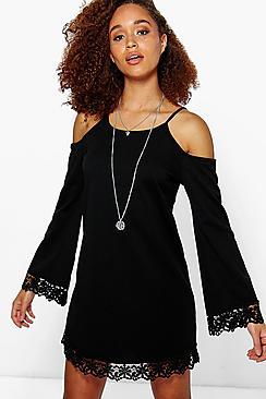 Boohoo Lola Lace Trim Cold Shoulder Dress