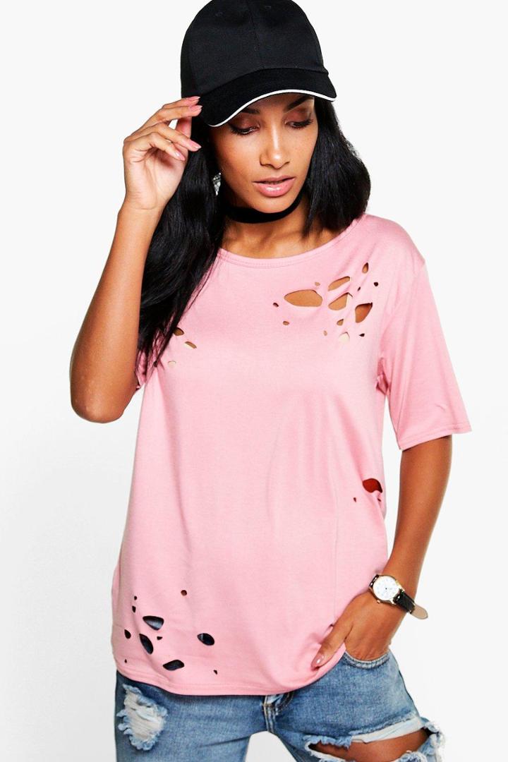 Boohoo Maisie Distressed T-shirt Rose