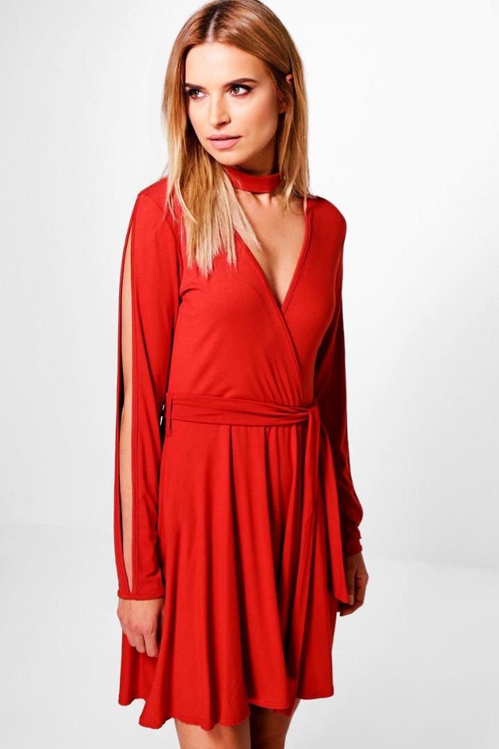 Boohoo Sasa Choker Split Sleeve Wrap Skater Dress Rust