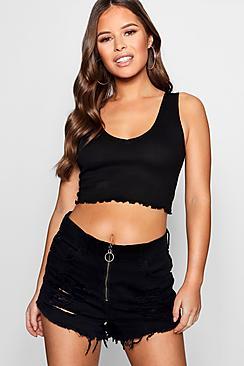 Boohoo Petite Hana Lettuce Hem V Neck Crop Top