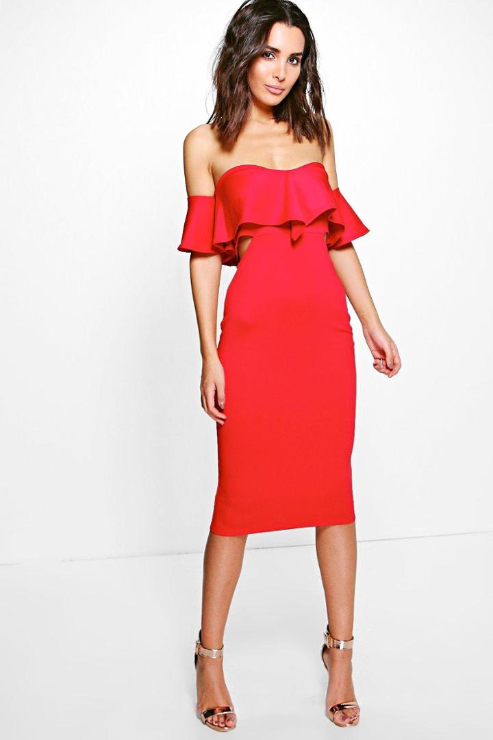 Boohoo Kyra Frill Detail Midi Bodycon Midi Dress Red