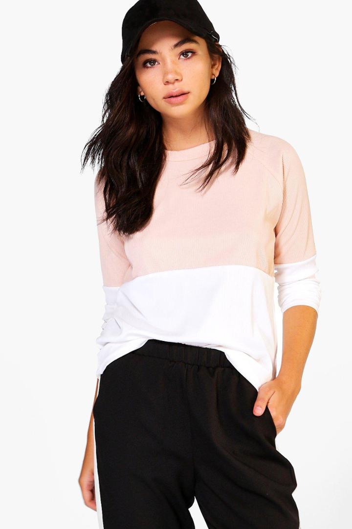 Boohoo Zoe Ribbed Colourblock Raglan T-shirt Nude