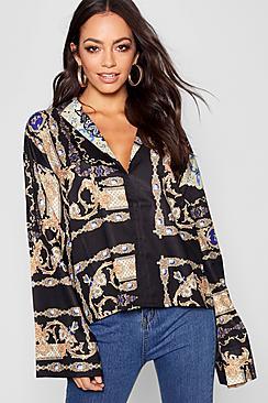 Boohoo Scarf Print Flare Sleeve Satin Shirt