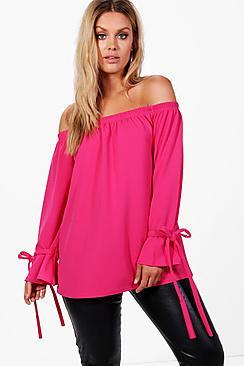 Boohoo Plus Lauren Off The Shoulder Crepe Tie Sleeve Top