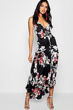 Boohoo Boutique Lo Floral Satin Ruffle Dip Hem Dress