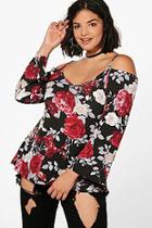 Boohoo Plus Victoria Floral Printed Cold Shoulder Top