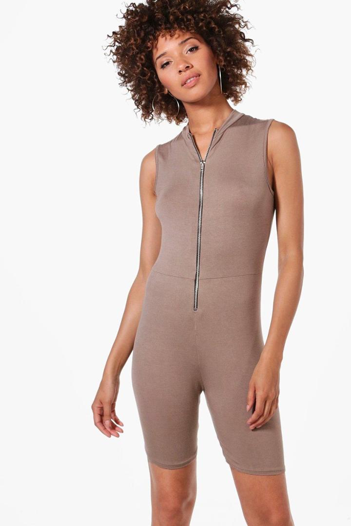 Boohoo Laura High Neck Zip Up Skinny Playsuit Mocha