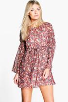 Boohoo Florence Floral Tie Waist Dress Red