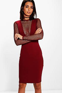 Boohoo Lottie Long Sleeved Fishnet V Neck Midi Dress