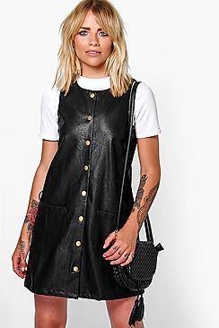 Boohoo Morris Button Popper Pu Pinafore Dress