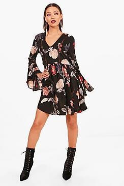 Boohoo Ladder Trim Ruffle Sleeve Smock Dress