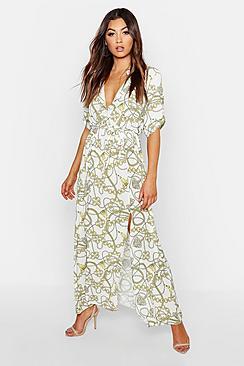 Boohoo Chain Tassel Belted Button Through Midi Dress
