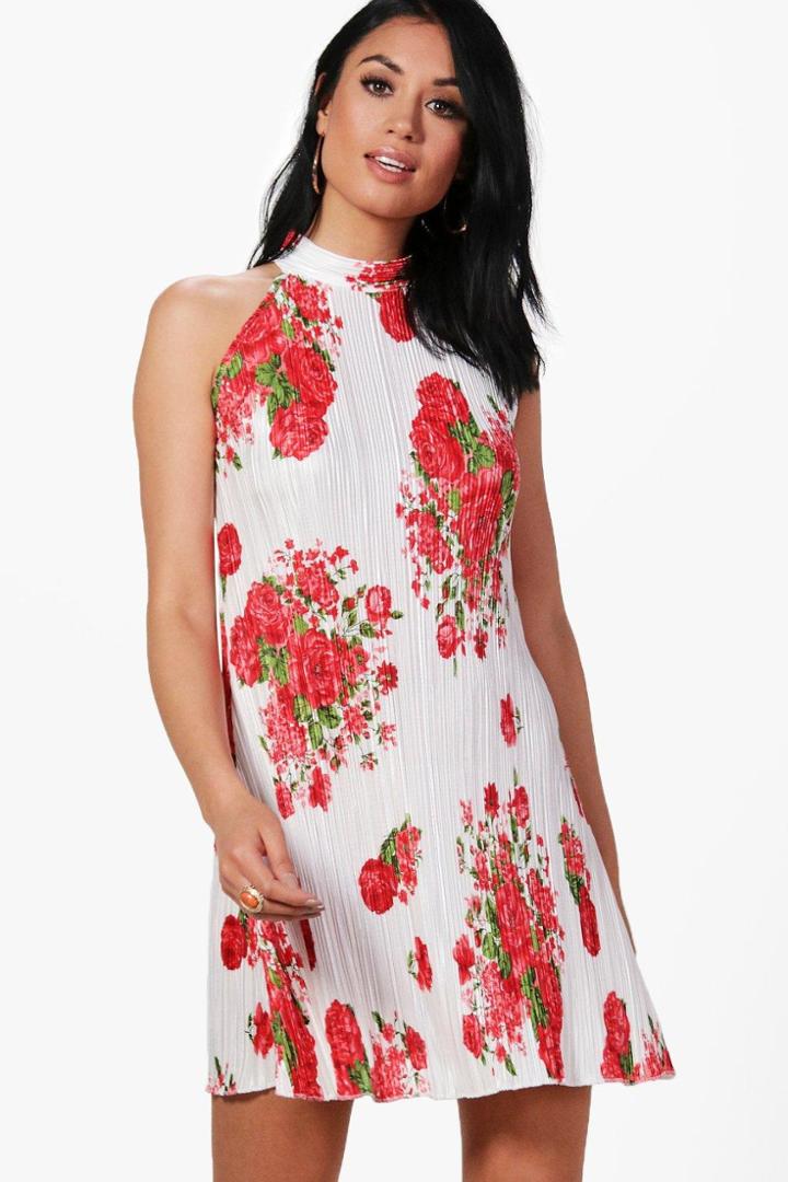 Boohoo Faith Pleat High Neck Floral Swing Dress Ivory