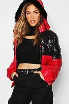 Boohoo Tall High Shine Hooded Padded Coat With Faux Fur Trim