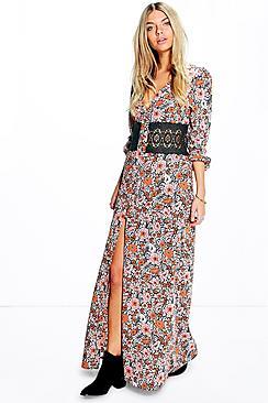 Boohoo Boutique Dia Floral Lace Waist Button Maxi Dress