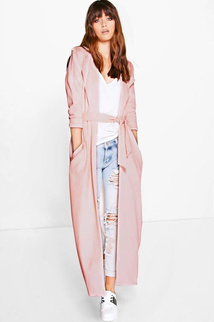 Boohoo Maya Waterfall Belted Maxi Trench Nude