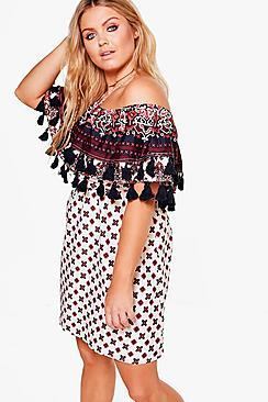 Boohoo Plus Hollie Pom Pom Trim Double Layer Shirt Dress