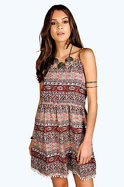 Boohoo Dottie Woven Pom Pom Strappy Dress