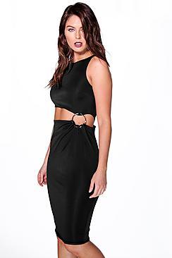 Boohoo Edita Cut Out Waist Ring Detail Midi Bodycon Dress