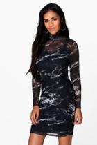 Boohoo Tess High Neck Marble Mesh Bodycon Dress Black