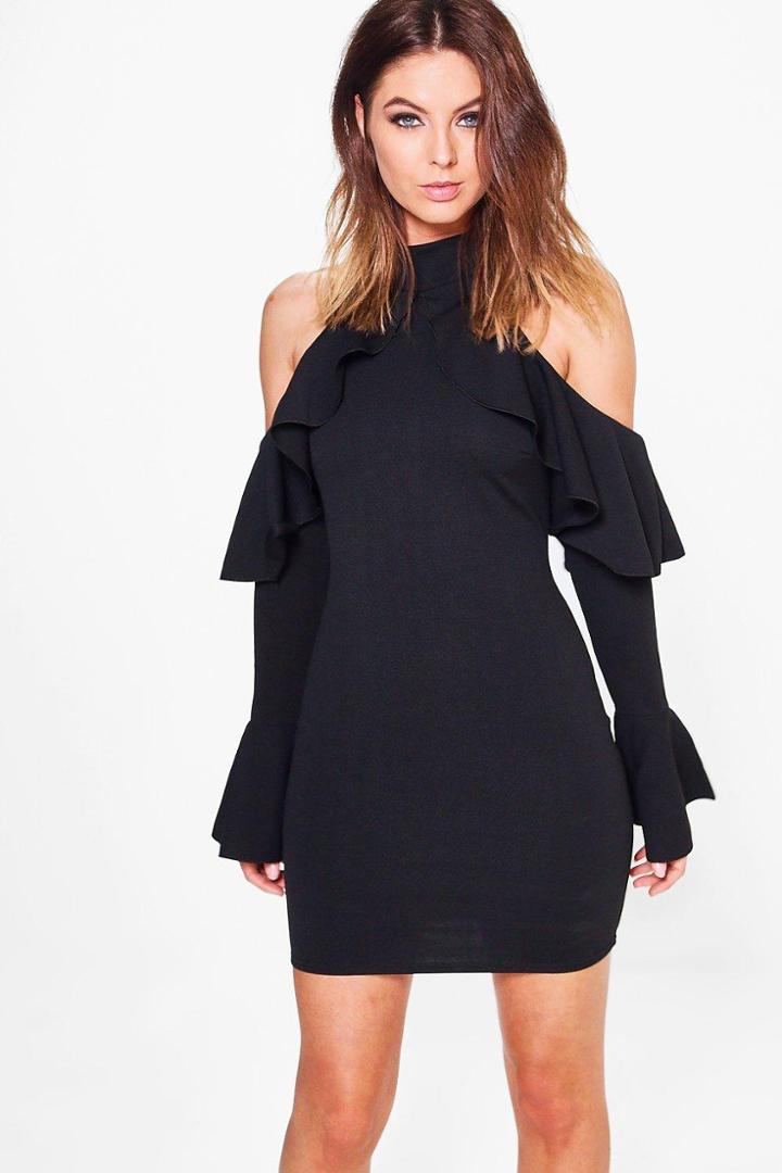 Boohoo Tess Frill Cold Shoulder Bodycon Dress Black
