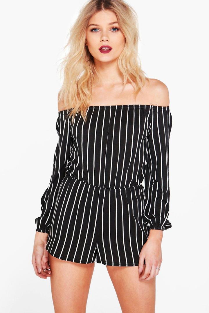 Boohoo Petite Emma Stripe Off The Shoulder Playsuit Black