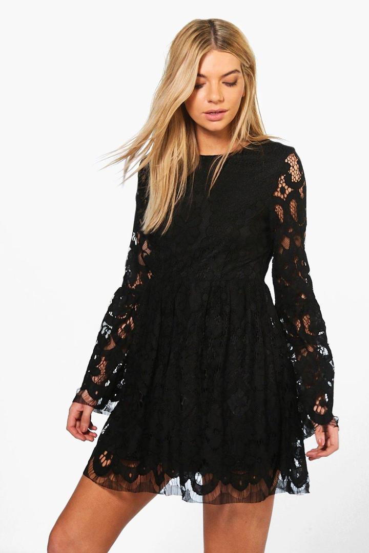 Boohoo Boutique Fi Lace Bell Sleeve Fit & Flare Dress Black