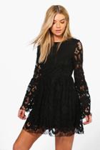 Boohoo Boutique Fi Lace Bell Sleeve Fit & Flare Dress Black