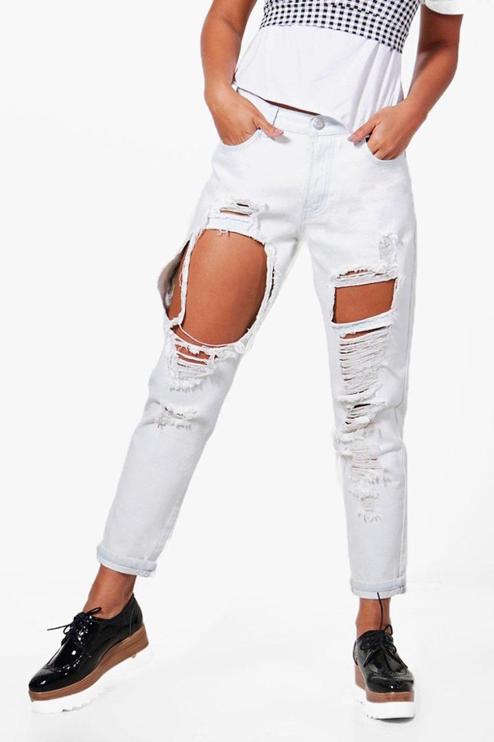 Boohoo Jen Rise Ultra Bleached Distressed Boyfriend Jeans Blue