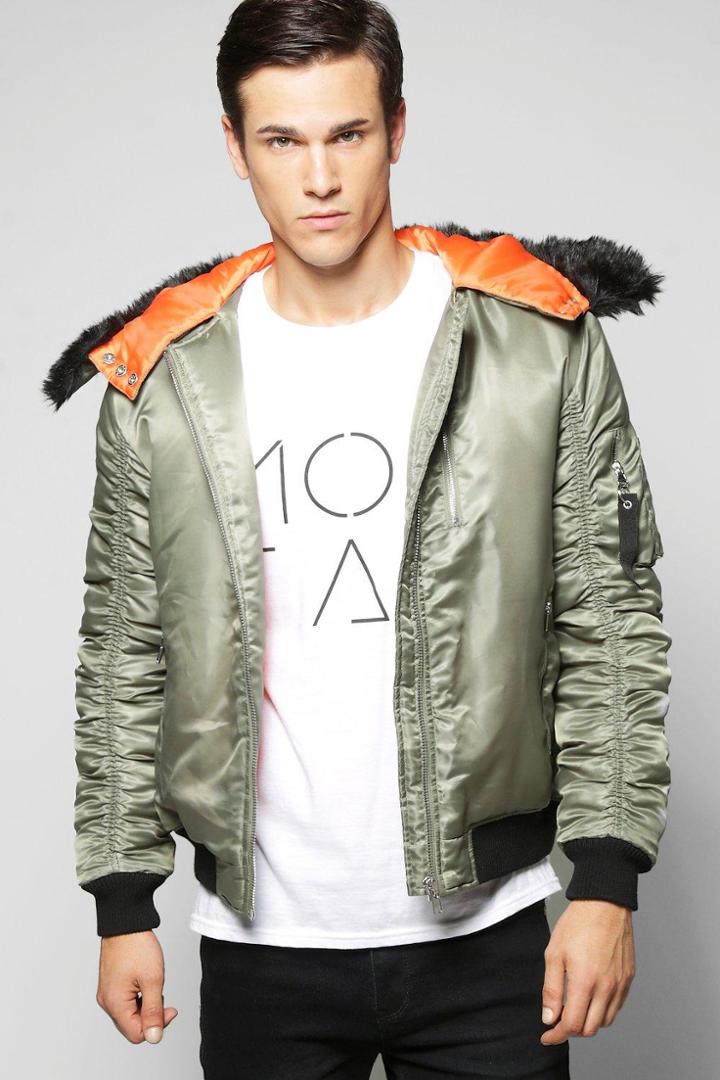 Boohoo Nylon Hooded Bomber Jacket Khaki