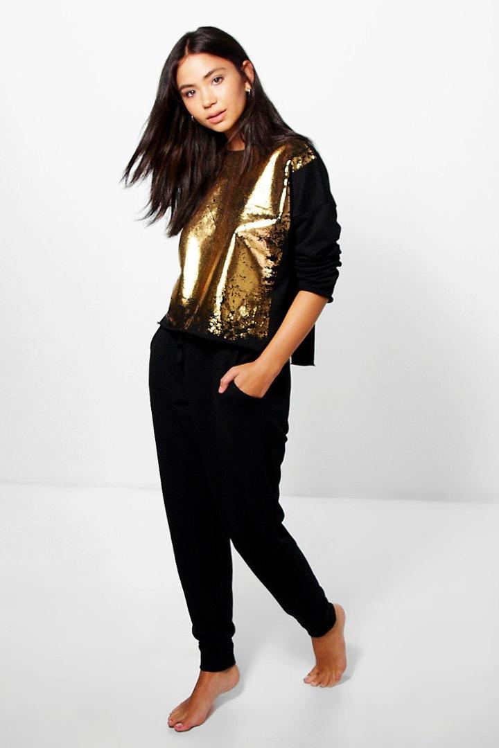 Boohoo Ellie Boutique Foil Print Top + Jogger Lounge Set Black