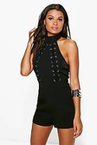 Boohoo Lois High Neck Lace Up Detail Open Back Playsuit