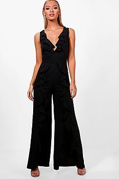 Boohoo Ella Ruffle Wide Leg Tailored Jumpsuit
