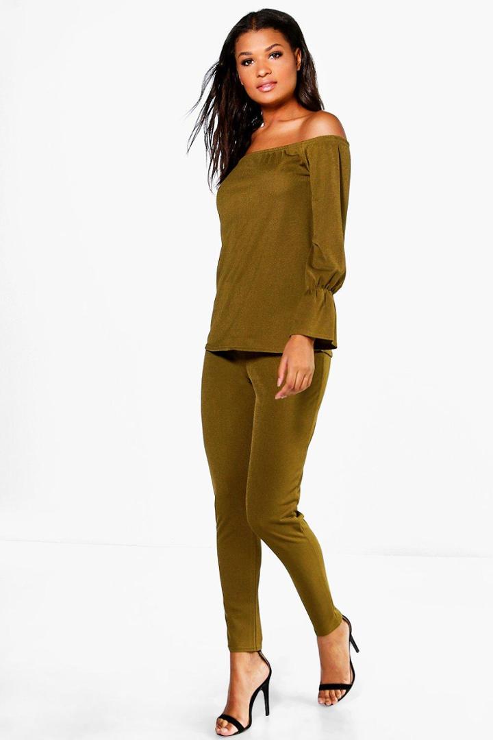 Boohoo Emma Bardot Bell Sleeve Lounge Set Khaki