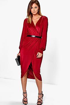 Boohoo Ruby Slinky Split Sleeve Wrap Over Midi Dress
