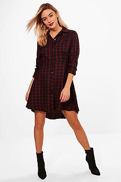 Boohoo Liberty Woven Check Fit & Flare Shirt Dress