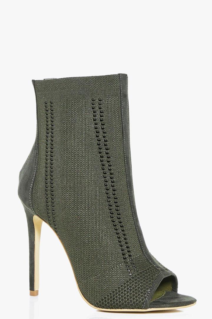 Boohoo Rebecca Peeptoe Knitted Shoe Boot Khaki