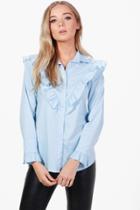 Boohoo Elise Ruffle Yoke And Cuff Shirt Blue