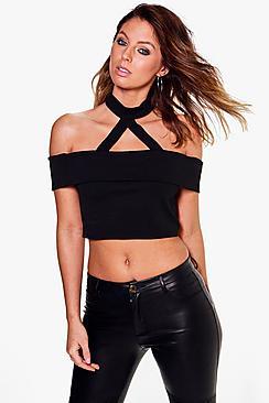 Boohoo Rebecca Choker Detail Bardot Crop Top