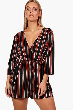 Boohoo Plus Gracie Stripe Wrap Over Playsuit
