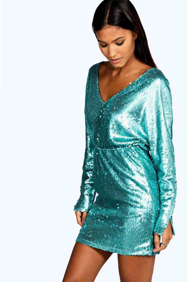 Boohoo Boutique Sorinne Sequin Batwing V Neck Dress Green