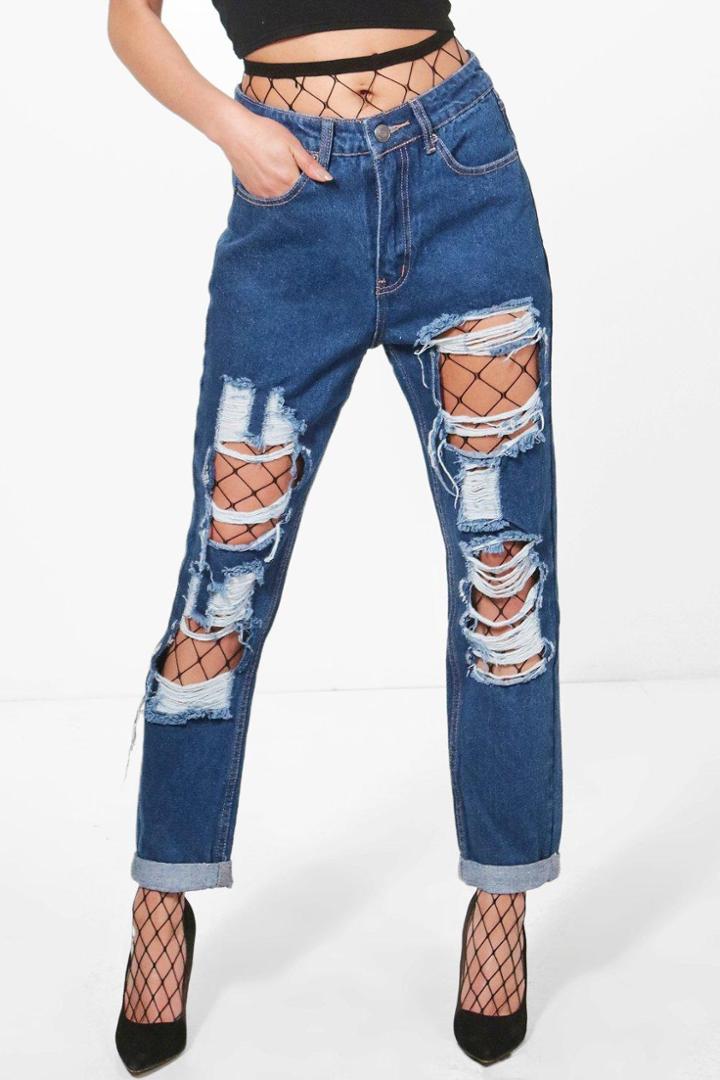Boohoo Maisie Fishnet Mom Jeans Indigo