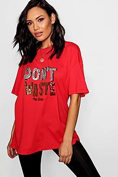 Boohoo Don't Waste My Time Sequin Slogan T-shirt