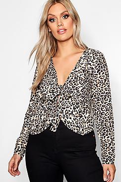 Boohoo Plus Leopard Knot Front Plunge Blouse