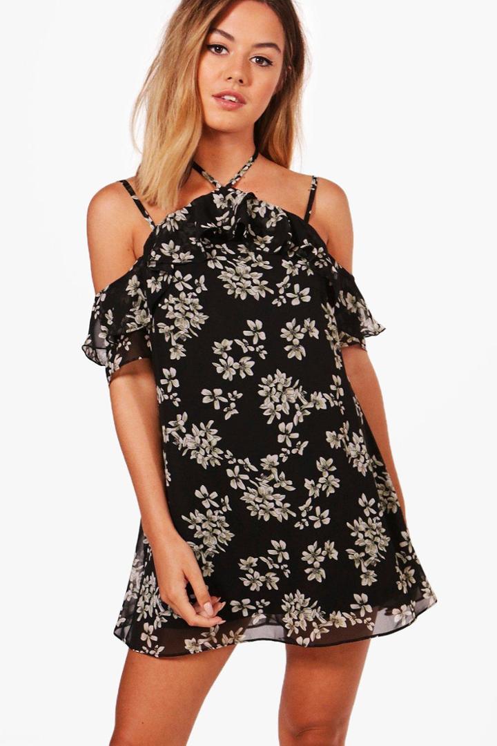 Boohoo Petite Laura Floral Ruffle Shift Dress Black