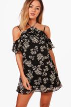 Boohoo Petite Laura Floral Ruffle Shift Dress Black