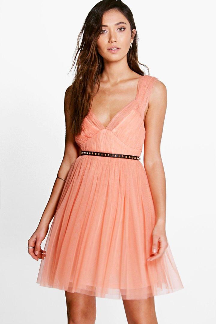 Boohoo Boutique Sofie Seam Detail Tulle Skater Dress Peach