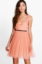 Boohoo Boutique Sofie Seam Detail Tulle Skater Dress Peach